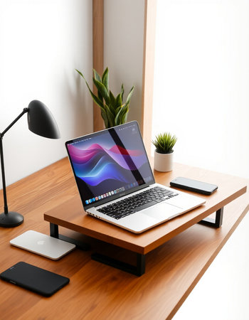 laptop on wooden table in modern office 3d Illustration.
