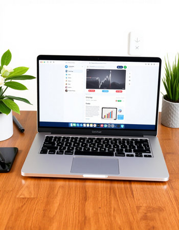 Laptop with stock market website on the screen, on a wooden desk