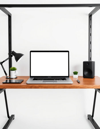 Modern workspace with blank screen laptop computer on wooden shelf. 3D Rendering