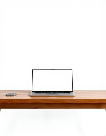 Laptop computer with blank screen on wooden table isolated on white background