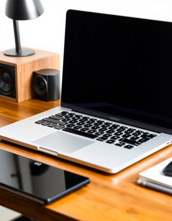 Laptop on wooden table with modern speaker and tablet, stock photo