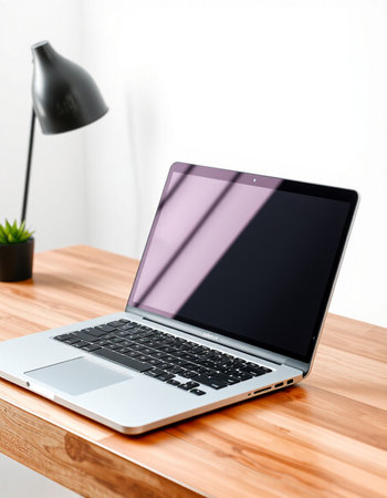 Laptop on a wooden table with a black lamp and a plant
