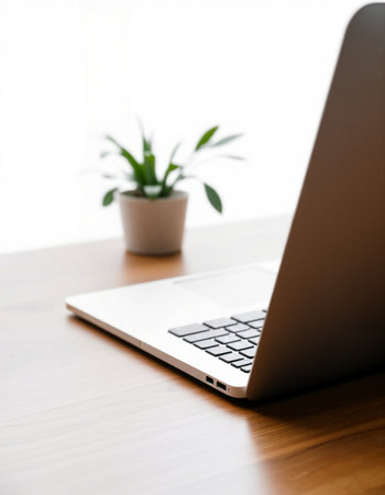Laptop on a wooden table with a plant in a vase