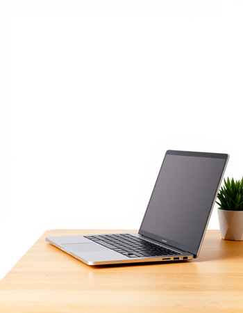 Laptop computer with blank screen on wooden table isolated on white background