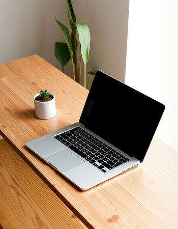 Laptop with blank screen on wooden table with green plant in the background