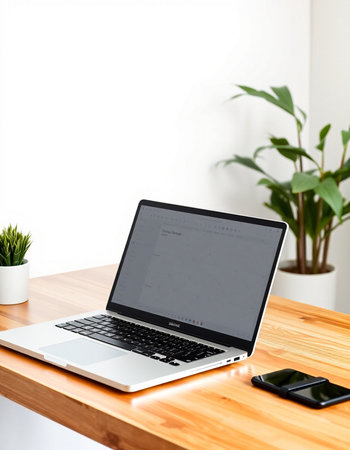 Laptop with blank screen on wooden desk in office, stock photo