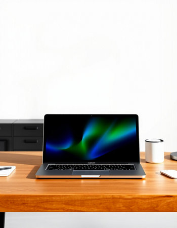 Laptop on a wooden table in a modern office. 3d rendering
