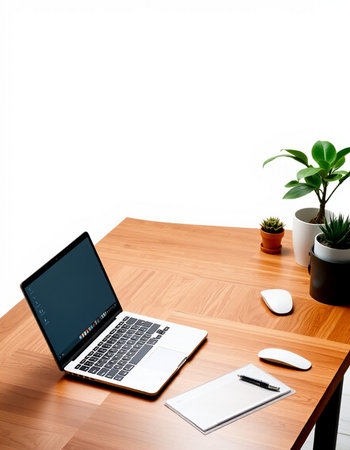 Laptop on wood table with white wall background and copy space.