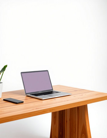 Laptop and smartphone on wooden table with white wall background. 3d rendering.