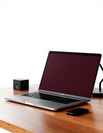 Laptop on wood table isolated on white background with clipping path.