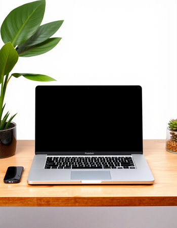 Laptop with blank screen on wooden table with green plant on white backgroundの写真素材