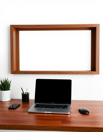 Laptop with blank screen on wooden table and white wall background.