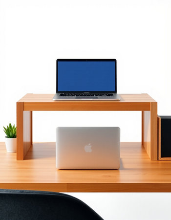 Laptop computer on wooden desk isolated on white background with clipping path