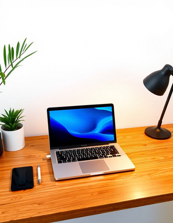 Laptop on a table in a room with a lamp and a plant