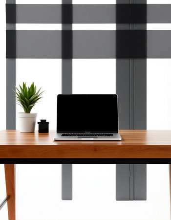 Laptop with blank screen on wooden table in office, 3d renderの写真素材