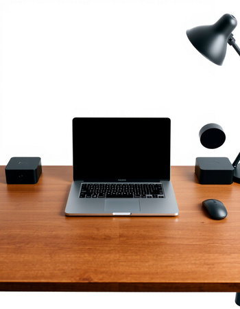 Laptop on a wooden desk with a black screen isolated on white background