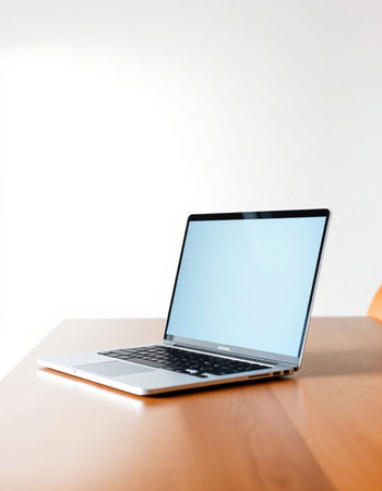 Laptop with blank screen on wood table and white wall background.