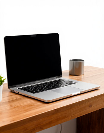 Laptop with blank screen on wooden table and white wall background.の写真素材