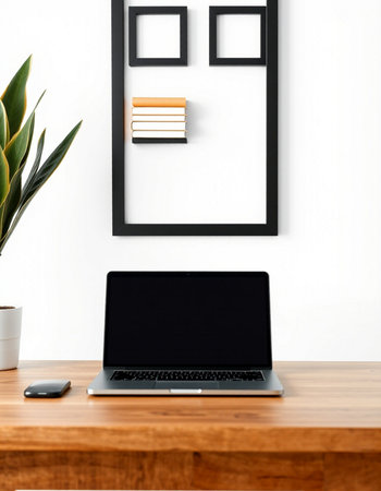 Laptop with blank screen on wooden desk in office. Mockup