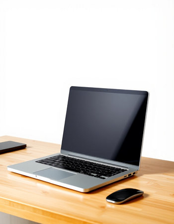 Laptop computer with blank screen on wooden desk isolated on white background