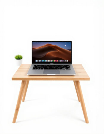 Laptop on wooden table isolated on white background. 3d rendering.