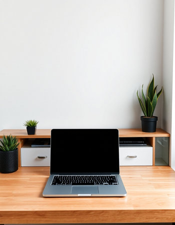 Laptop with blank screen on wooden table and white wall background.