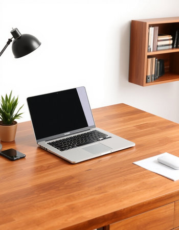 Modern workplace with laptop and stationery on wooden table, closeup