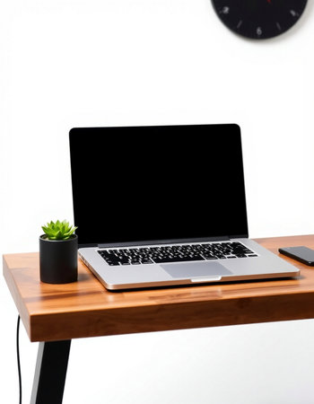 Laptop computer with blank screen on wooden table and white wall background