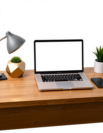 Modern workplace with blank screen laptop, smartphone, coffee cup and decorations on wooden table...