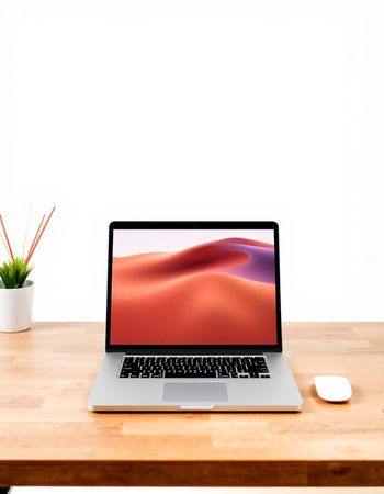Laptop on wooden desk with white wall background. 3d rendering.