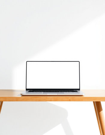 Laptop with blank screen on wooden table and white wall background.の写真素材