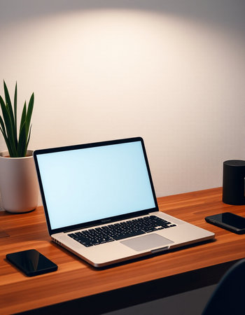 Modern workspace with blank screen laptop computer, smartphone and coffee cup on wooden table.の写真素材