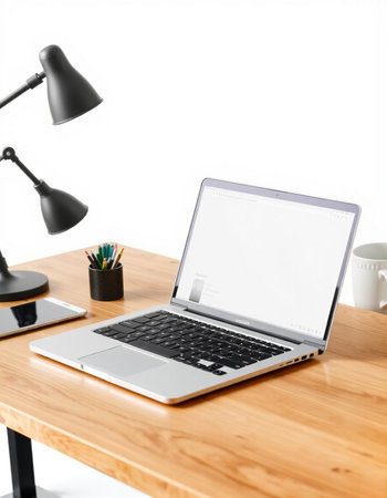 Close up of modern workplace with laptop, coffee cup and other items. Mock up