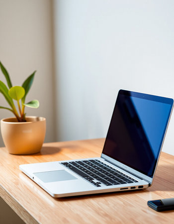 Laptop on a wooden table with a plant in a pot.の写真素材