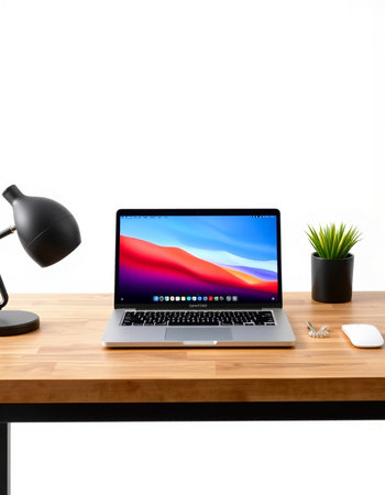 Laptop on wood table with white background. 3d rendering.