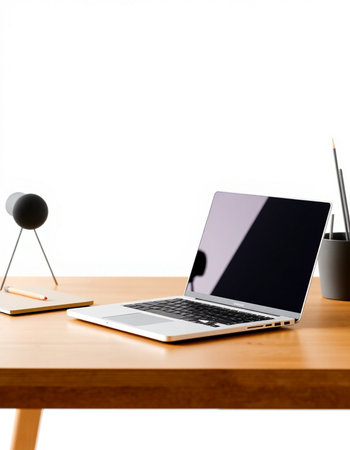 Laptop on a wooden table isolated on white background with clipping path