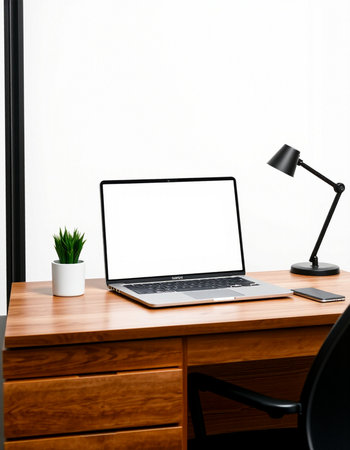 Laptop with blank screen on wooden desk in modern office. Workplace conceptの写真素材