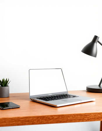Laptop with blank screen on wooden table in office, clipping pathの写真素材