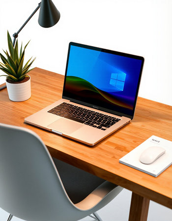Laptop on a desk with keyboard, mouse, lamp and plant