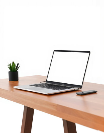 Laptop with blank screen on wooden table isolated on white background.