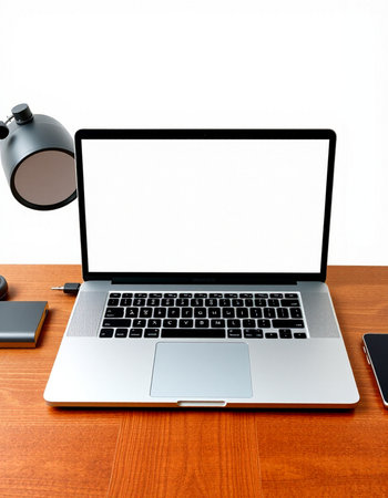Laptop with blank screen on wood table and office lamp on white wall background