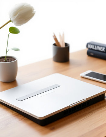 Laptop on a wooden desk with a white flower in the foregroundの写真素材