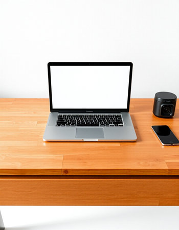Laptop computer with blank screen on wooden table and white wall background