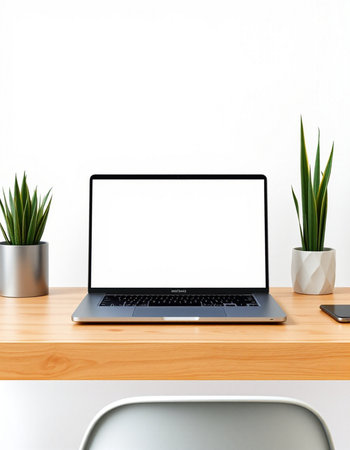 Laptop with blank screen on wooden table and white wall background.