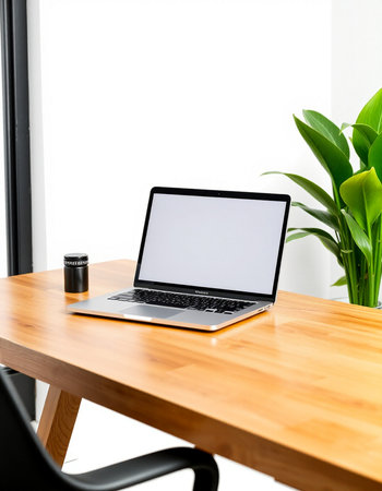Laptop with blank screen on wooden table in modern office, stock photoの写真素材