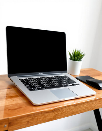 Laptop on a wooden table with a white wall and a plant