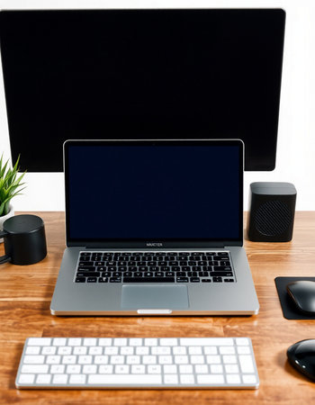 Laptop with blank screen on wooden desk with keyboard, mouse and plant