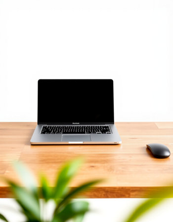Laptop on wooden desk with white wall and green plant in background