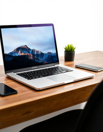 Laptop on a desk with a view of the mountains in the background