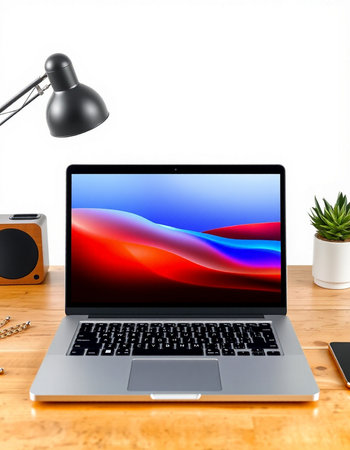 Laptop on wood table with white wall background, work space concept
